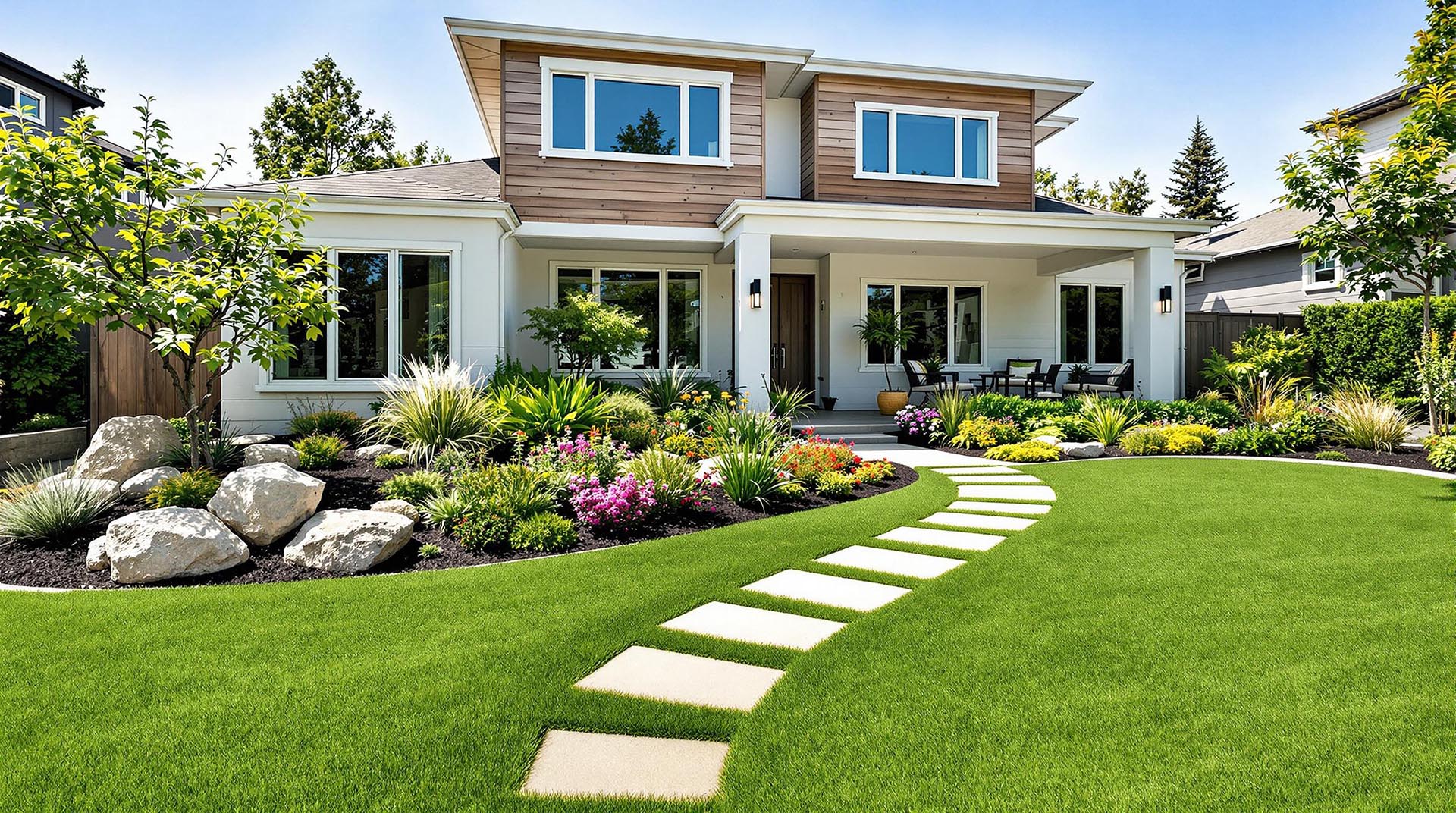A finished, professionally landscaped front yard